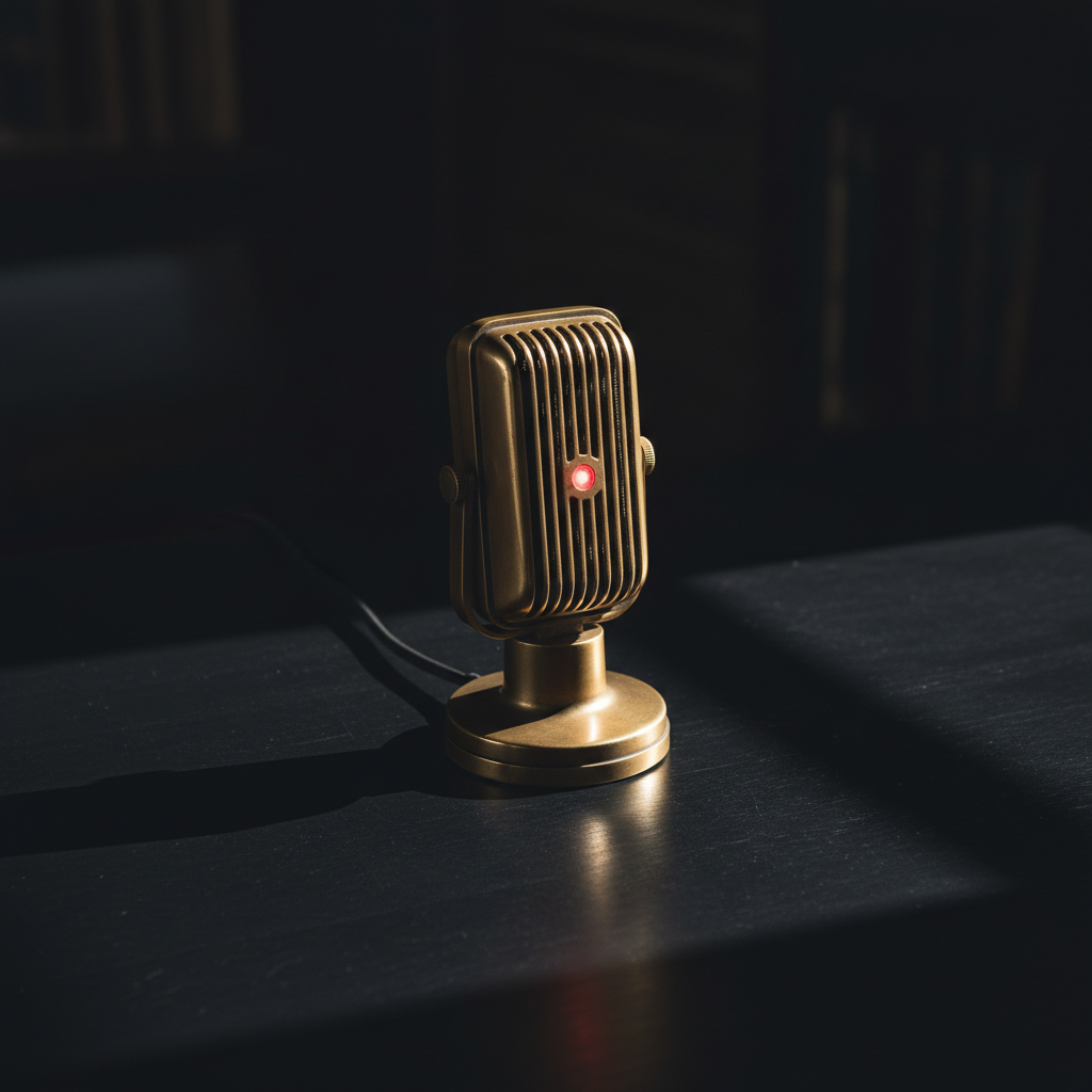 A press microphone with a red recording light on a dark desk