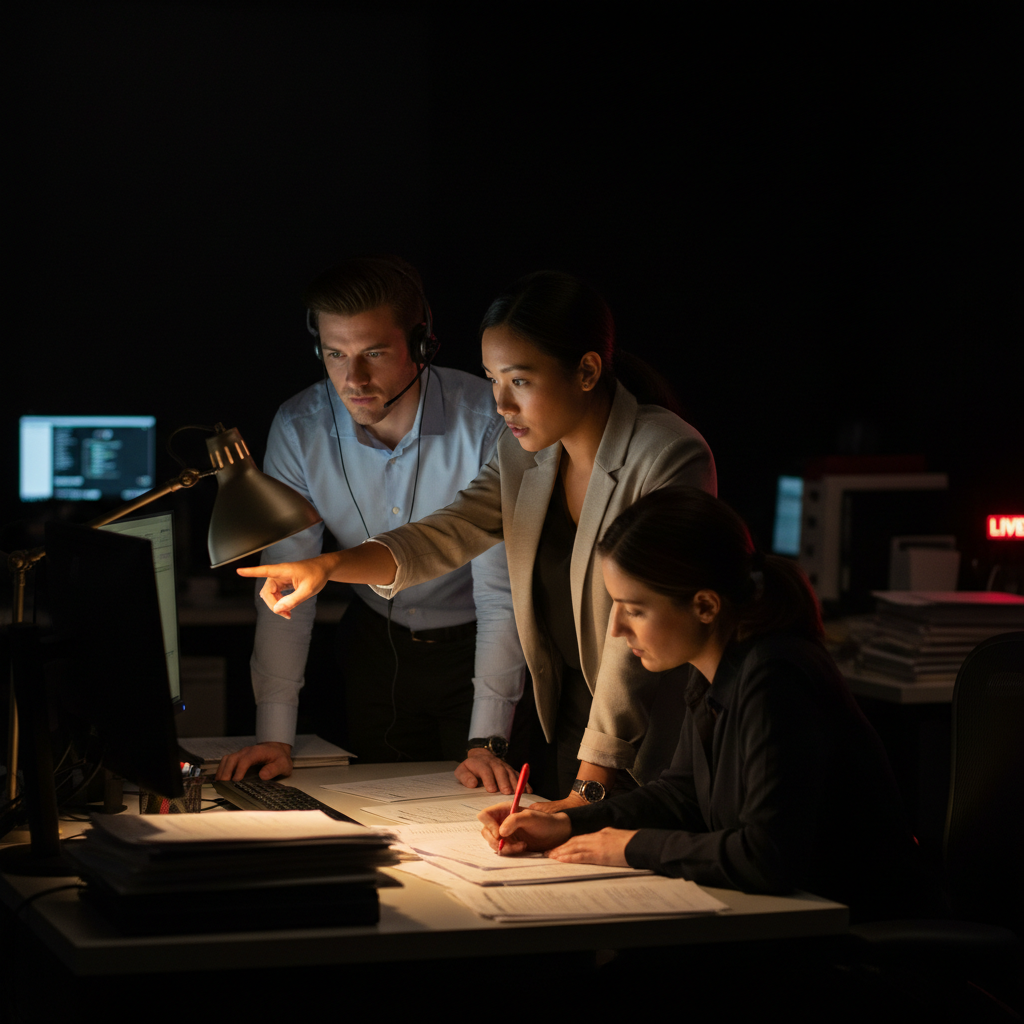 A small wire-service team huddled around a single glowing desk in a dim newsroom